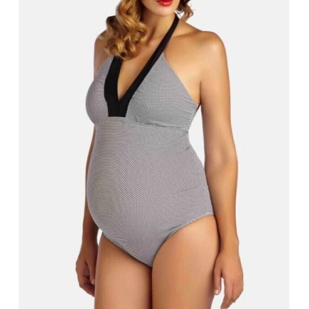 BOGO Pez D'Or Maternity Textured One Piece Halter Swimsuit Black White Small